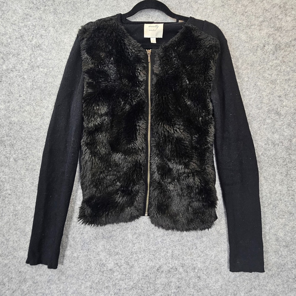 Black Full Zip‎ Sweater Womens XS Wool Cashmere Faux Fur Cozy Glam WOOLLY MINDED